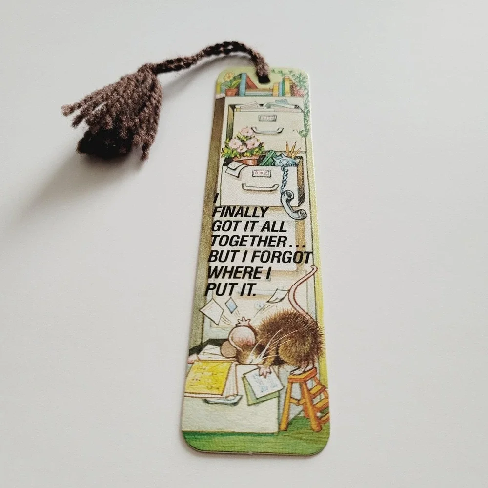 Vintage 70s Office Mouse Bookmark Brown Yarn Tassel 1978 Antioch Bookplate H-225
